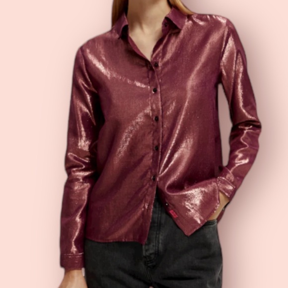 Scotch & Soda Cotton/Lurex Regular Fit Button Down Shirt in Pickled Beet - Picture 1 of 12